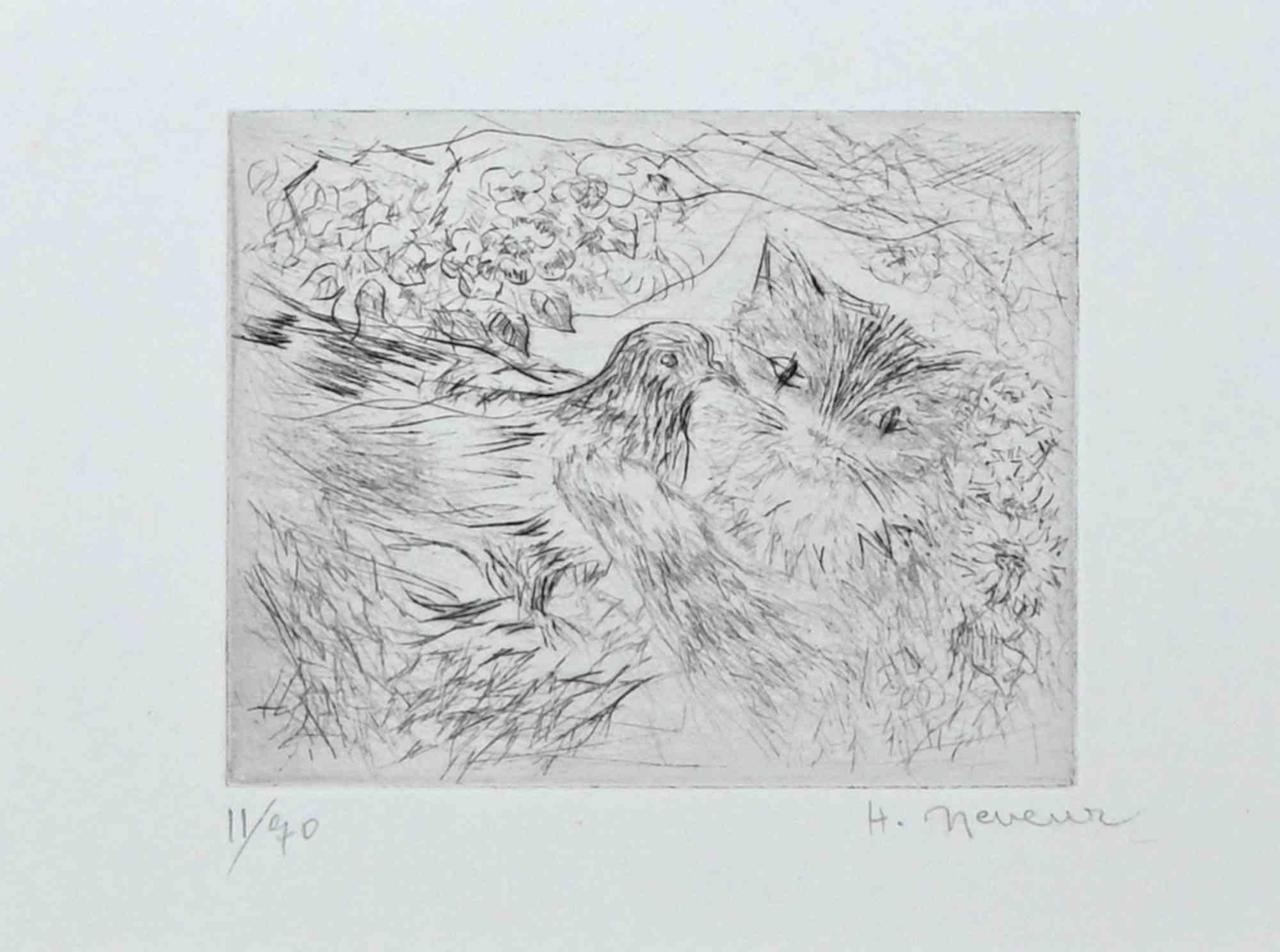 Oiseau et chat - Impression originale de Helne Neveur - 1970