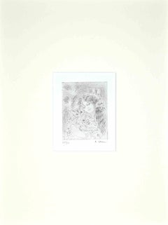 Portrait of Young Lady with Cat - Original Print by Helène Neveur - 1970s