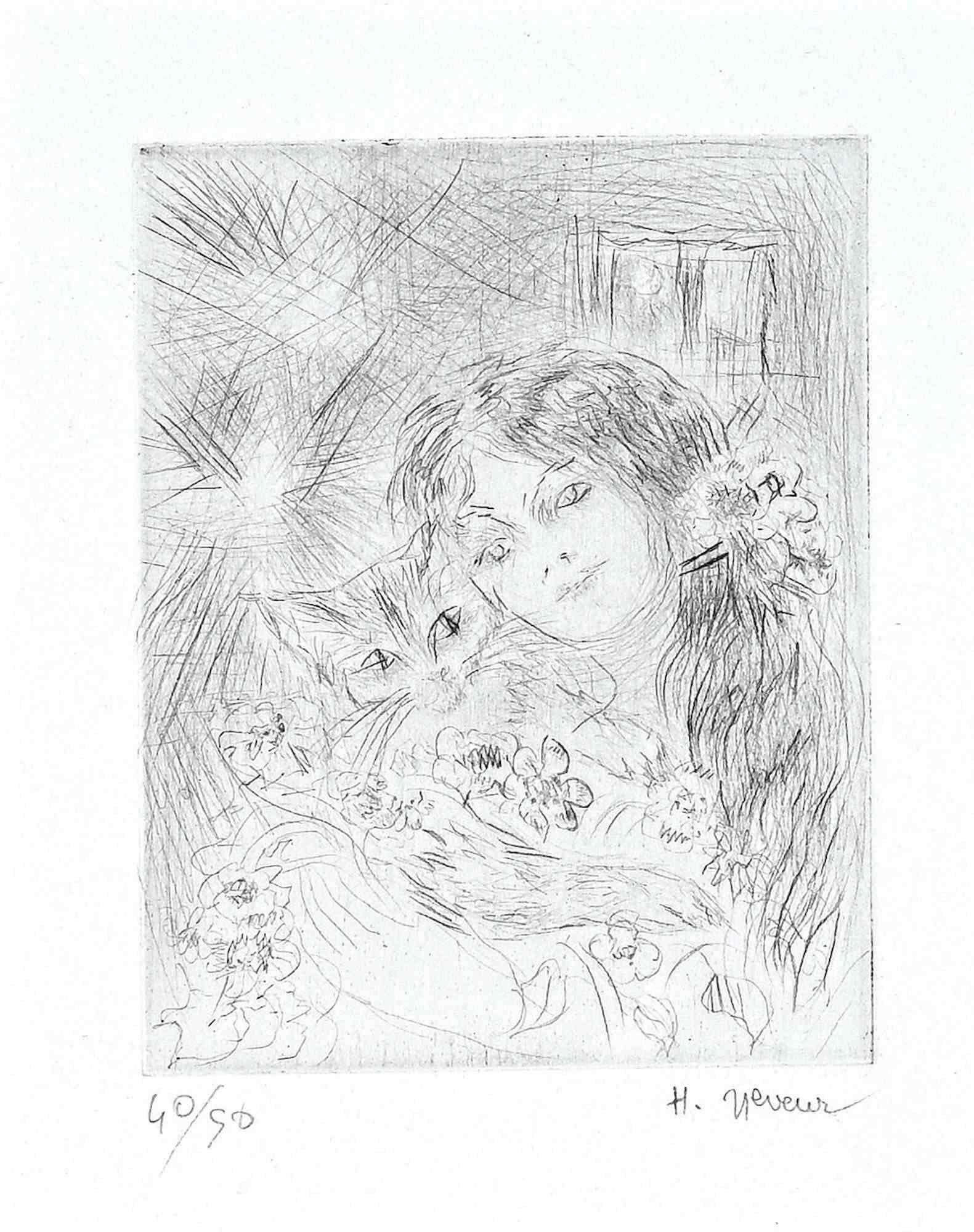 Portrait de jeune femme avec chat - Impression originale de Helne Neveur - 1970