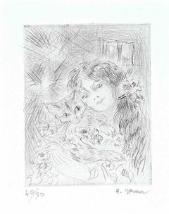 Portrait of Young Lady with Cat - Original Print by Helène Neveur - 1970s