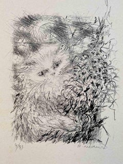 Sketch of Cat - Original Lithograph by Helène Neveur  - 1970s