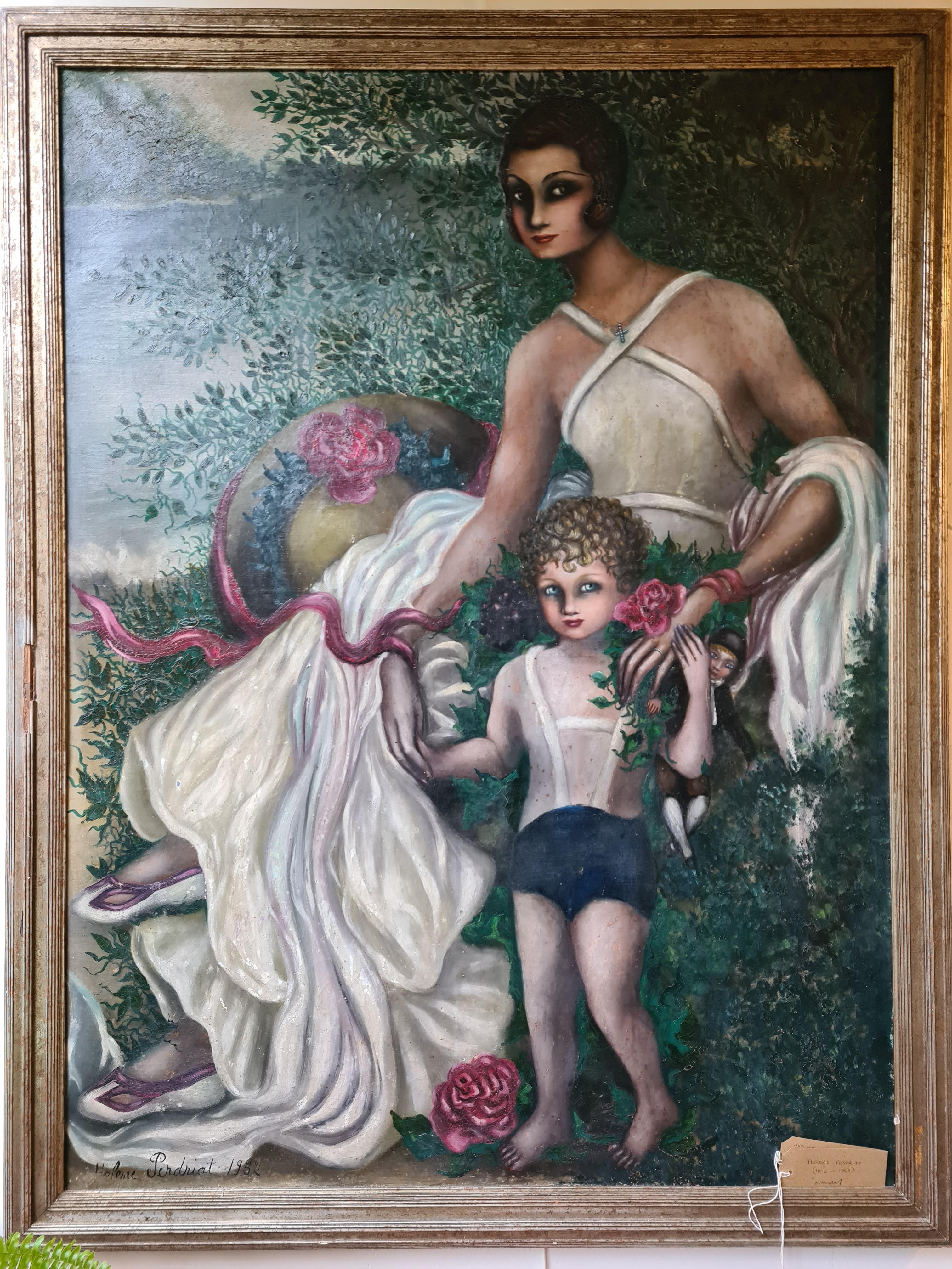 Large Art Deco oil on canvas portrait, Mother and Child in a Dreamscape. 12