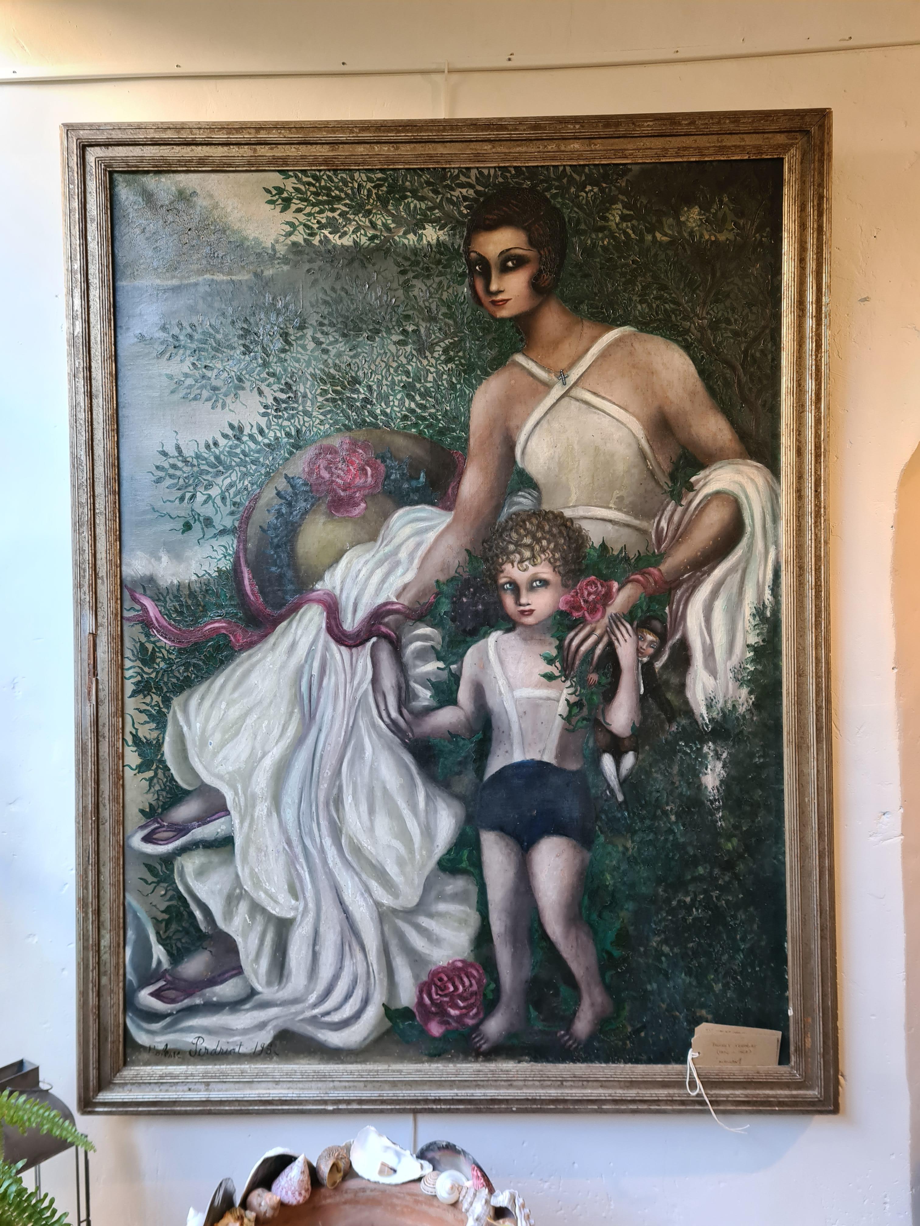 Large Art Deco oil on canvas portrait, Mother and Child in a Dreamscape. - Painting by Helene Perdriat