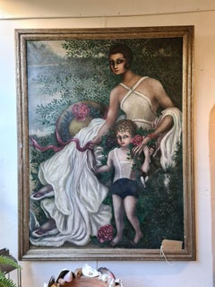 Large Art Deco oil on canvas portrait, Mother and Child in a Dreamscape.
