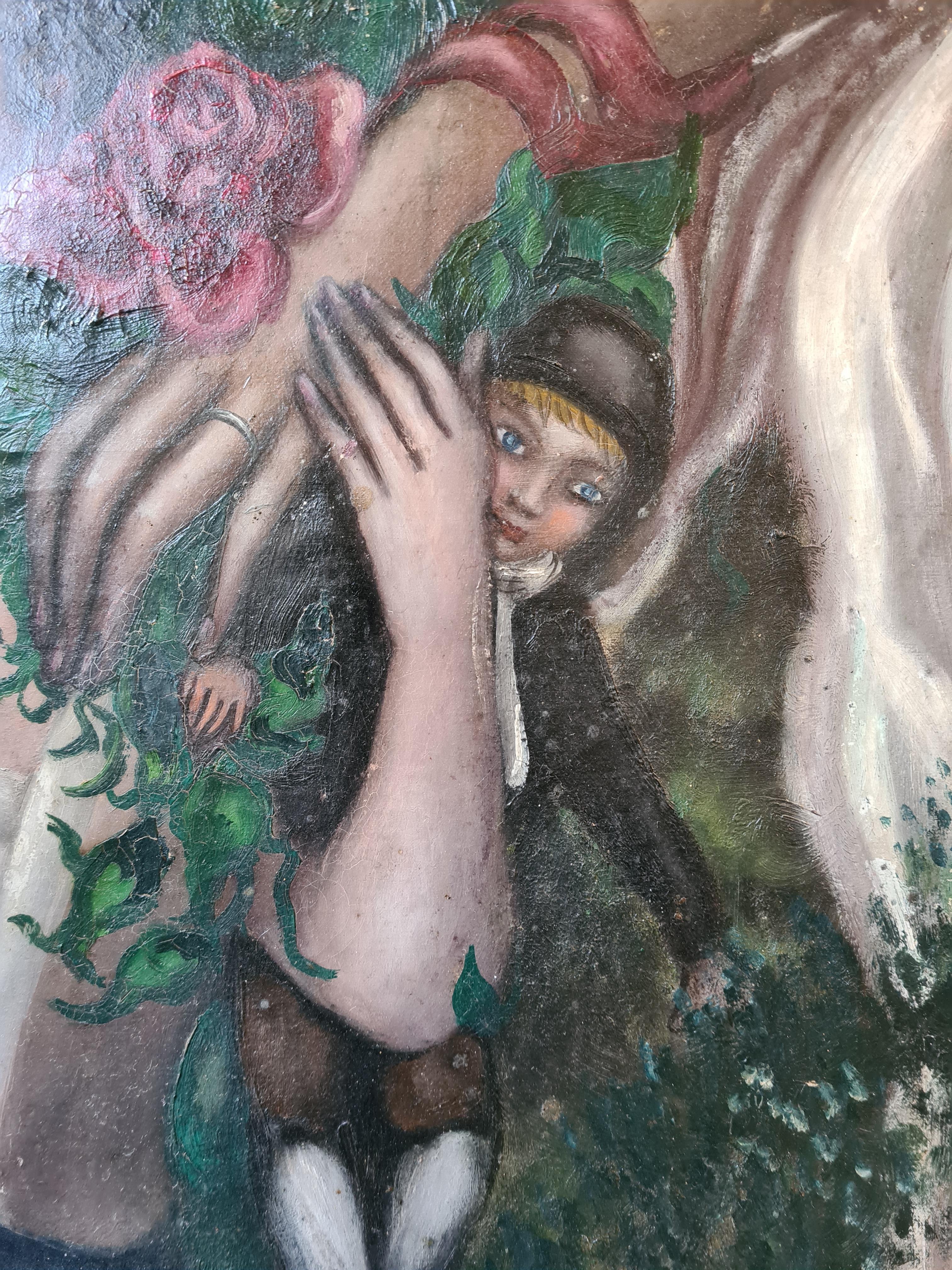 Large Art Deco oil on canvas portrait, Mother and Child in a Dreamscape. 1