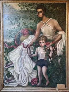 Grand portrait Art déco à l'huile sur toile, Mère et enfant dans un paysage de rêve.