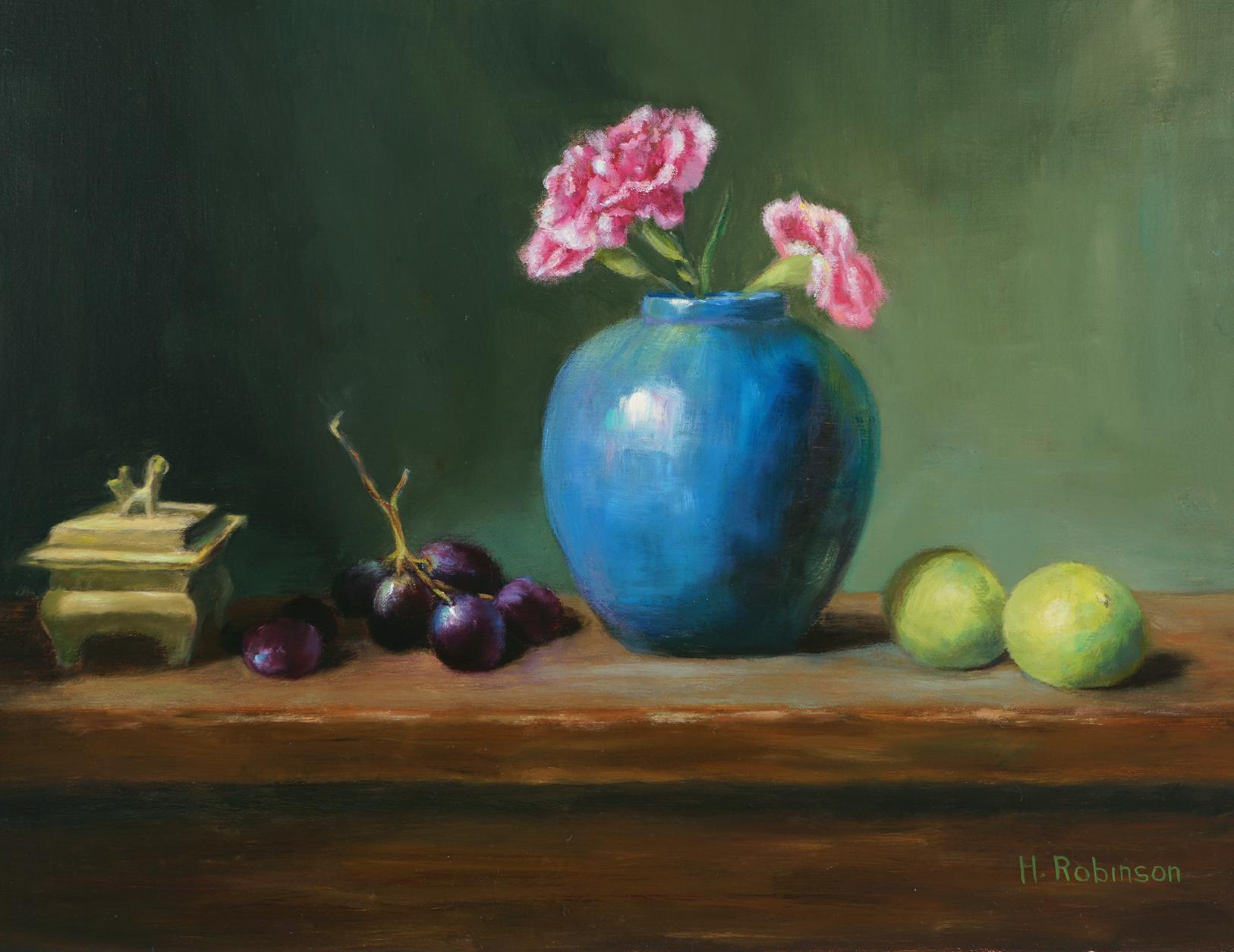 Scatola d'incenso in ottone con garofani Realismo Natura morta Pannello ad olio Artista texano - Painting di Helene Robinson