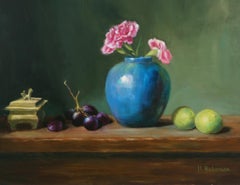 Brass Incense Box with Carnations Realism Still-life Oil Panel Texas Artist