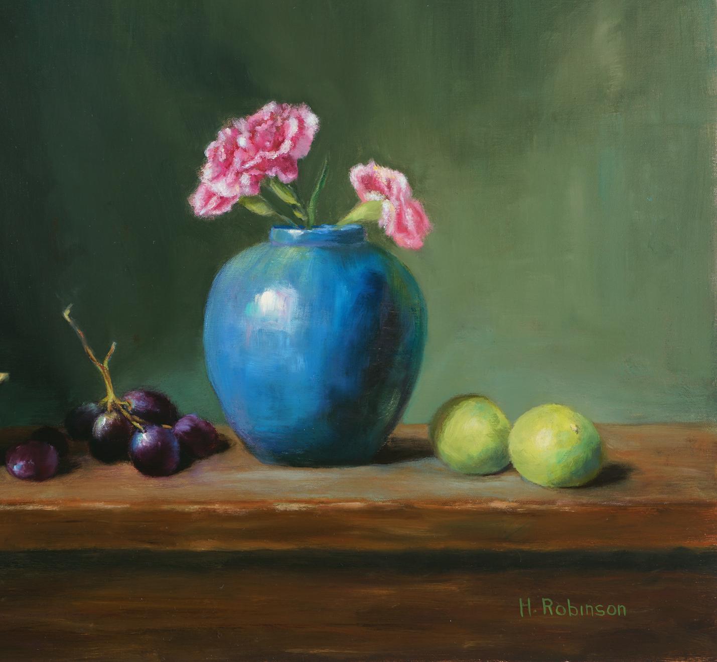 Scatola d'incenso in ottone con garofani Realismo Natura morta Pannello ad olio Artista texano - Painting Realismo americano di Helene Robinson