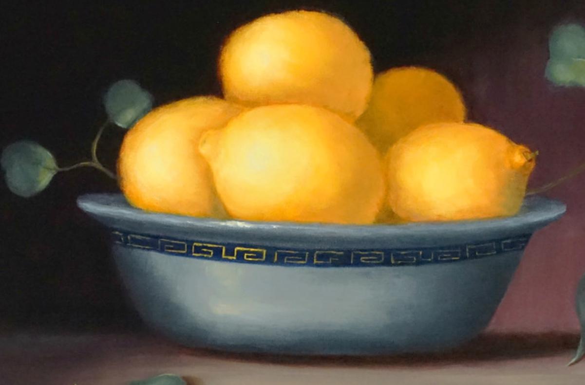 Lemons In Antique Bowl, Painted in the Style of Realism, Oil, Realist $1800 - Black Still-Life Painting by Helene Robinson