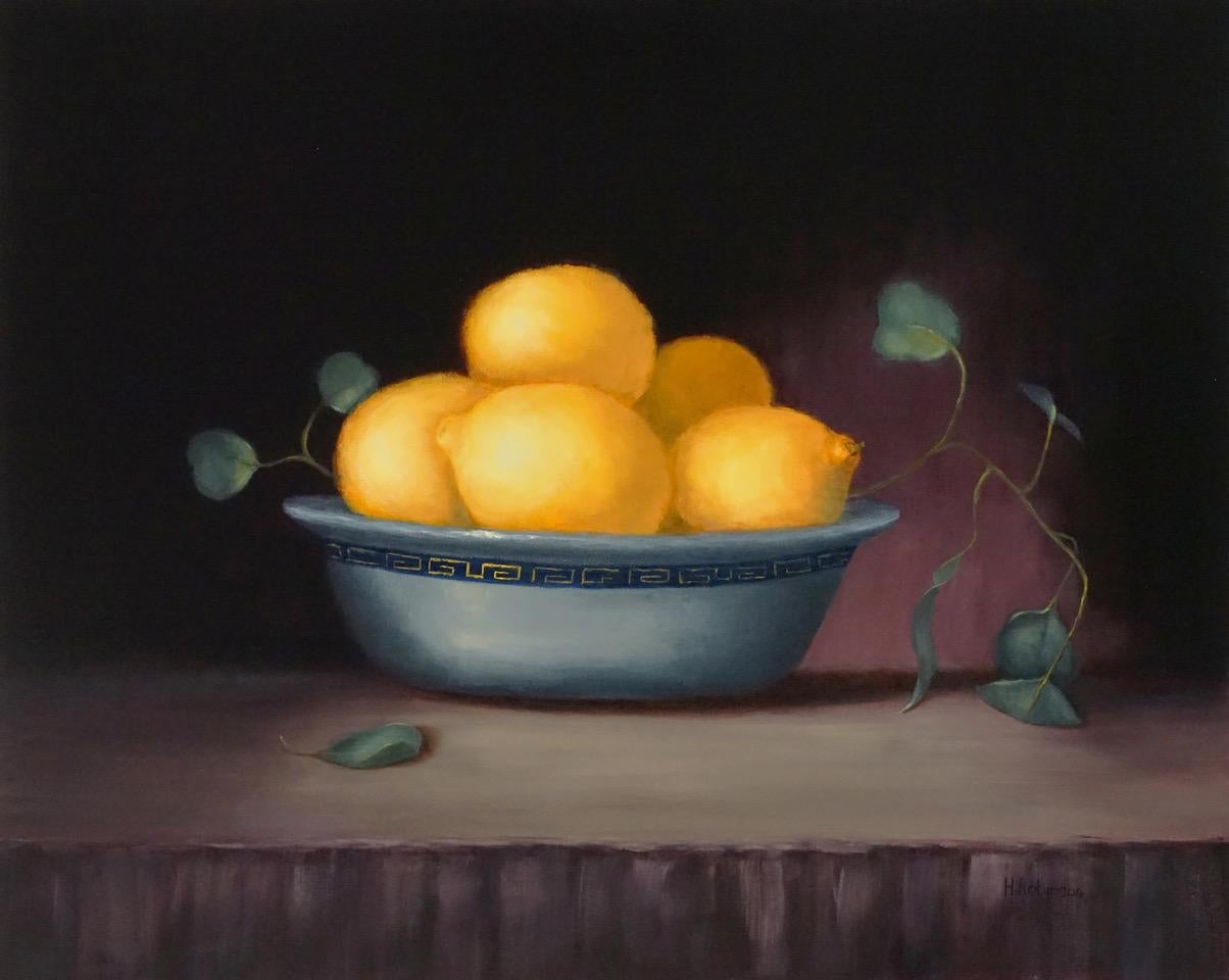 Painted by Texas artist Helene Robinson who has studied under great Texas painters. the artist is  known for painting still lifes in the style of Realism. Her subjects are usually fruit and antique objects. She also does florals which can be seen