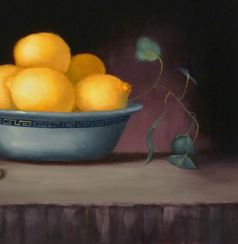Luscious Lemons In Antique Bowl, Painted in the Style of Realism, Oil, Realist  - Painting by Helene Robinson