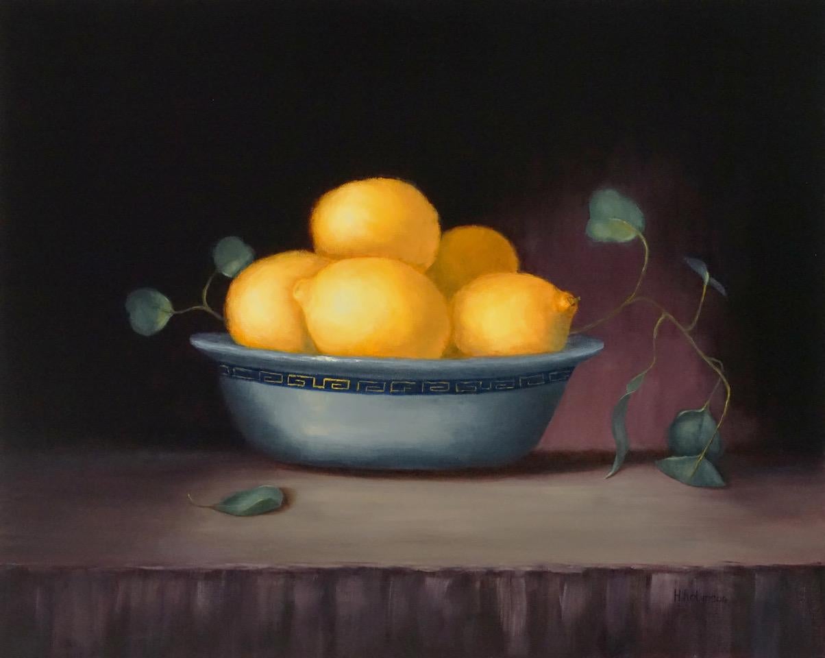 Helene Robinson Still-Life Painting - Luscious Lemons In Antique Bowl, Painted in the Style of Realism, Oil, Realist 