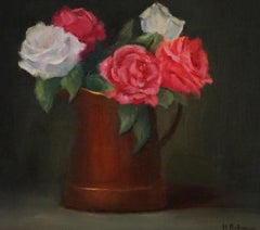 De majestueuses roses dans un pot en cuivre vieilli, peinture à l'huile réaliste, œuvre encadrée de 9 x 12