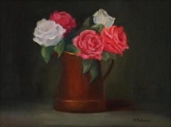 De majestueuses roses dans un pot en cuivre vieilli, peinture à l'huile réaliste, œuvre encadrée de 9 x 12