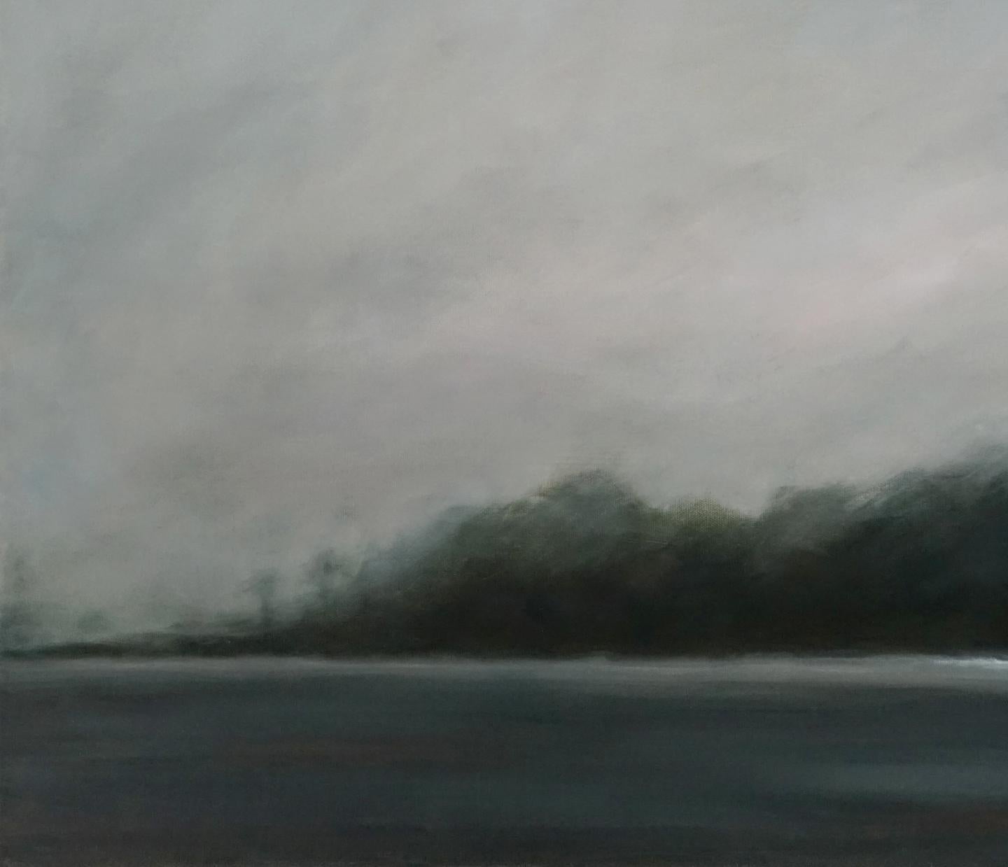 Nebbia del mattino I  Hilton Head Impressionismo Paesaggio Olio su tela Spiaggia del mattino - Landscape Painting Grigio di Helene Robinson