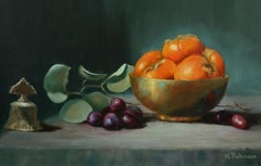 Persimmons in A Brass Bowl  Realism Still-life Oil on Panel Texas Artist Light