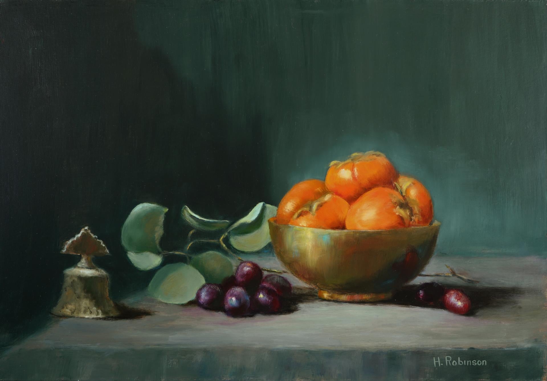 Persimmons in A Brass Bowl  Realism Still-life Oil on Panel Texas Artist Light