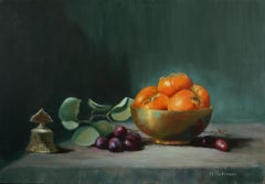 Caquis en un cuenco de latón  Realismo Naturaleza muerta Óleo sobre tabla Artista tejano Light