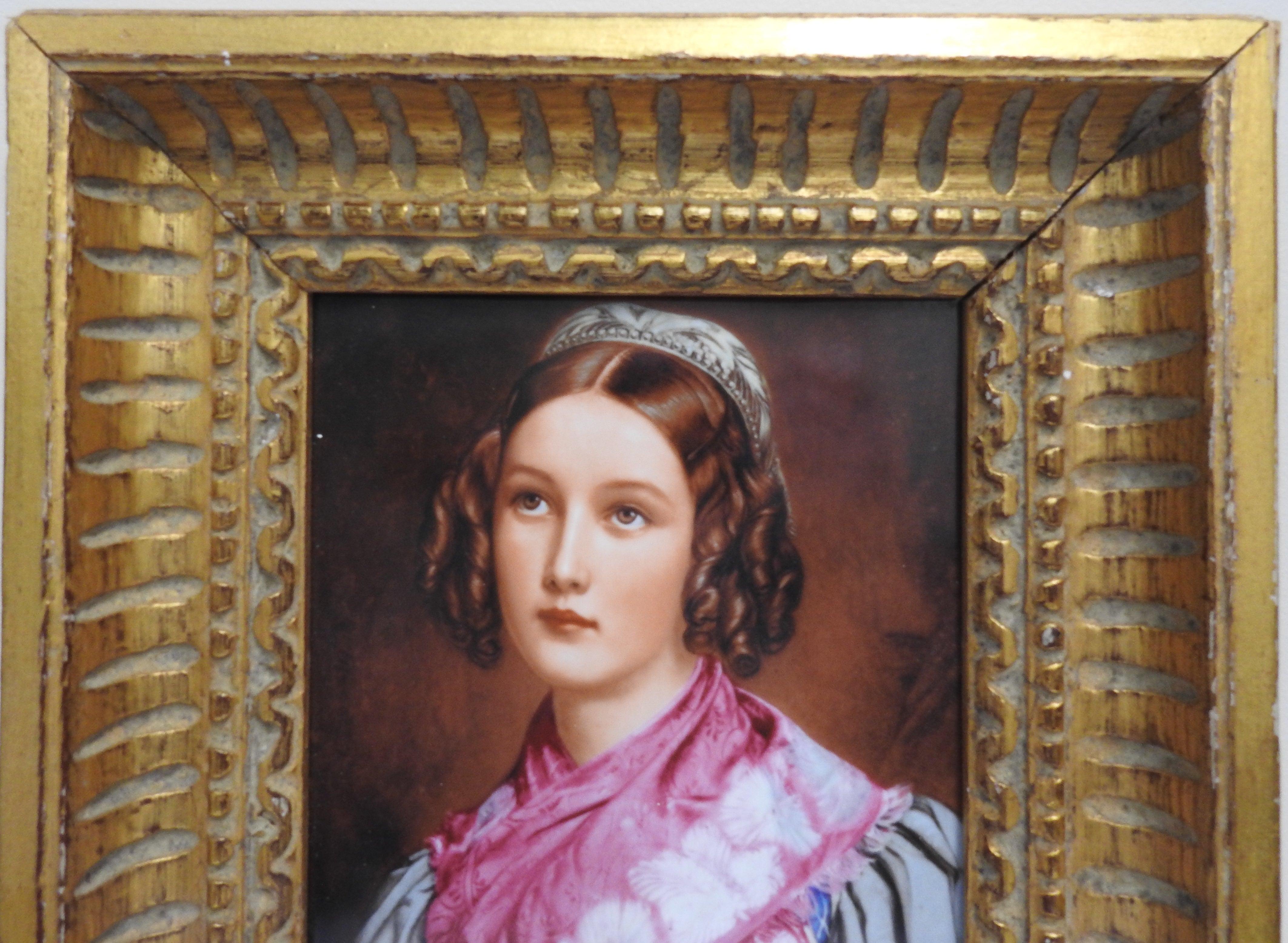 Victorian Helene Sedlmayer of Germany Transferware on Porcelain in Gilt Frame For Sale