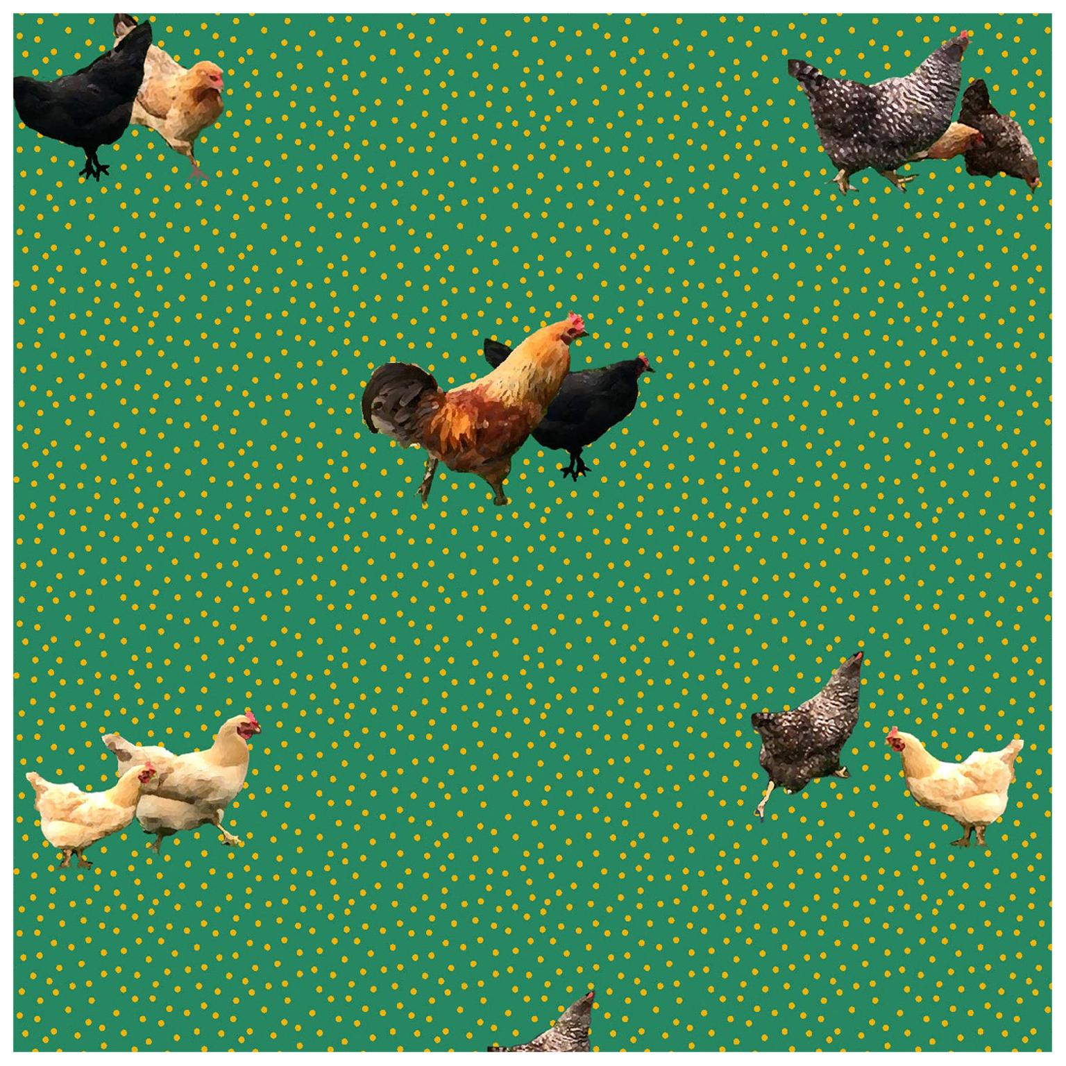 Helen's Yard Chicken Printed Wallpaper in Green For Sale