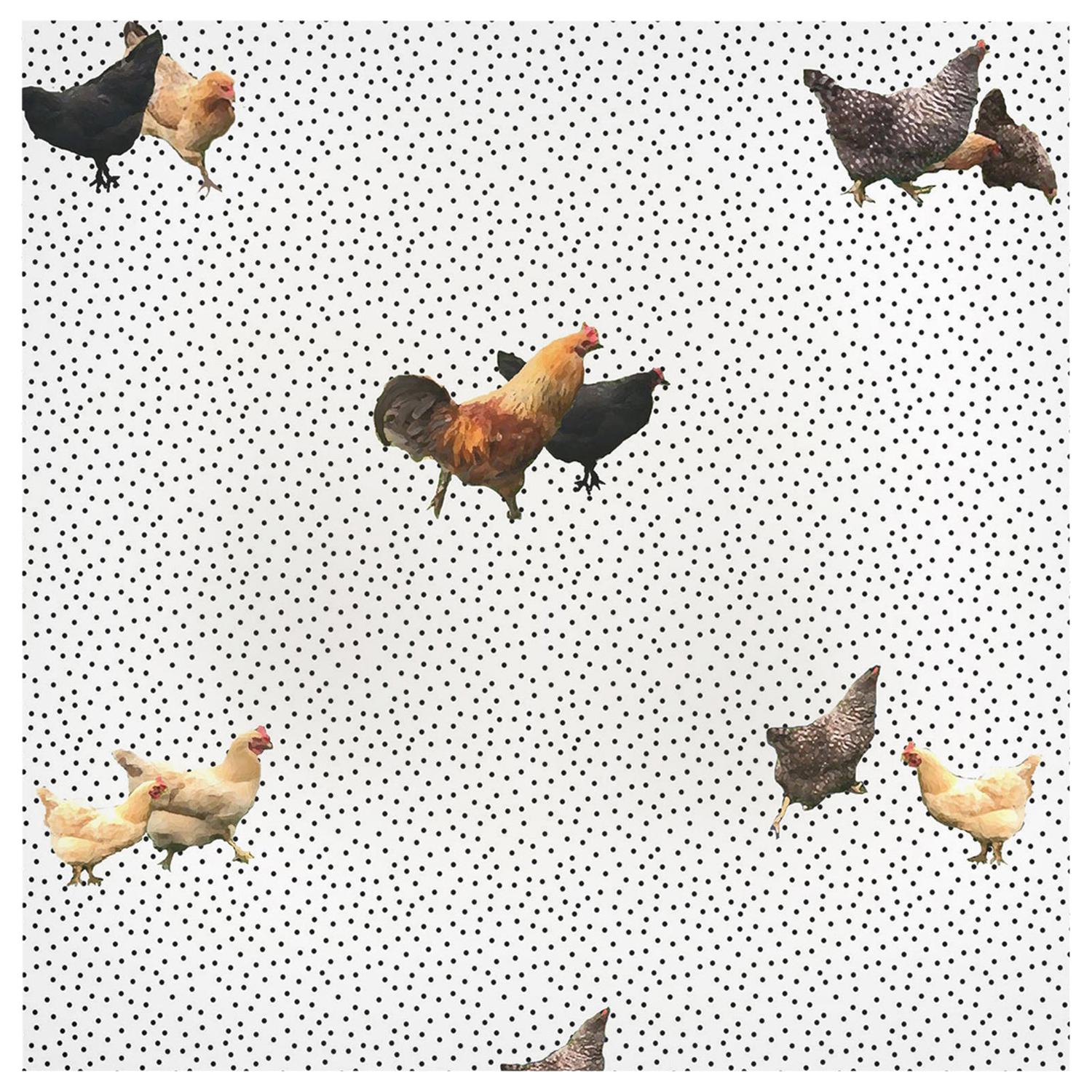 Helen's Yard, Chicken Printed Wallpaper in White For Sale