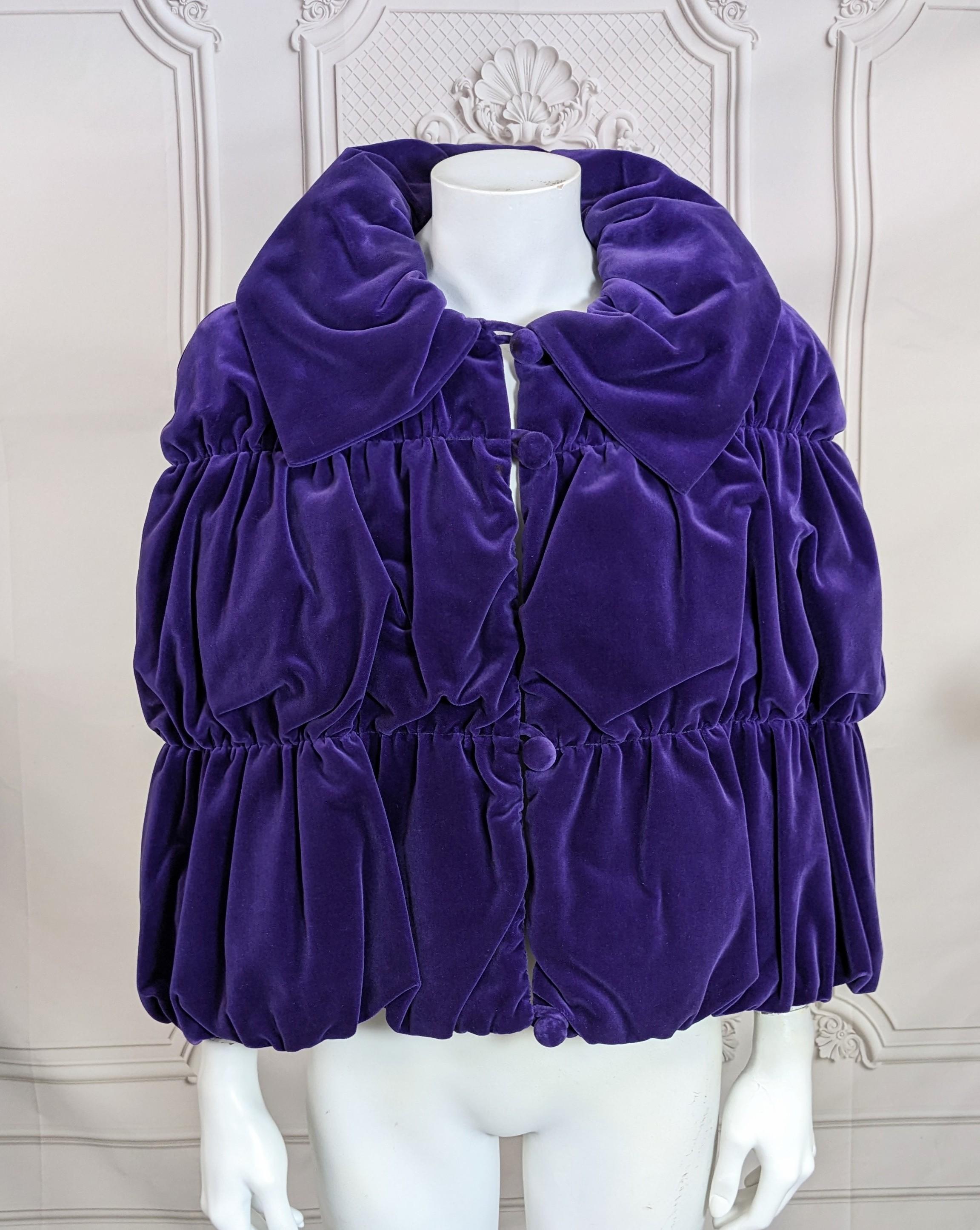 Helga Howie Victorian Velvet Tiered Puffed Cape from the 1980's. Amazing cozy shape of deep purple cotton velvet with tiered puffs similar to a Victorian cape. Very unusual but striking with CDG vibes. Velvet buttons, lined in self velvet as well.