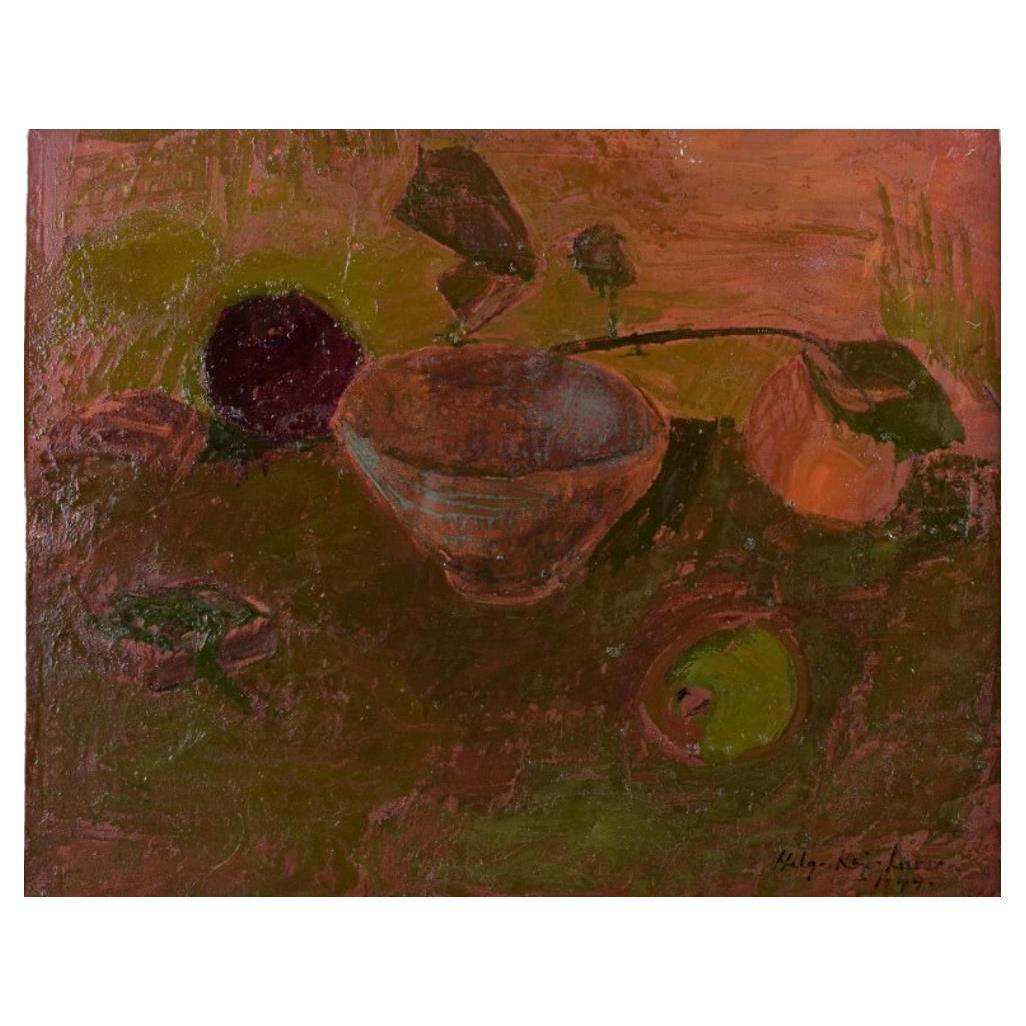 Helga Kai-Larsen, Swedish artist. Oil on canvas. Still life with bowl and fruits