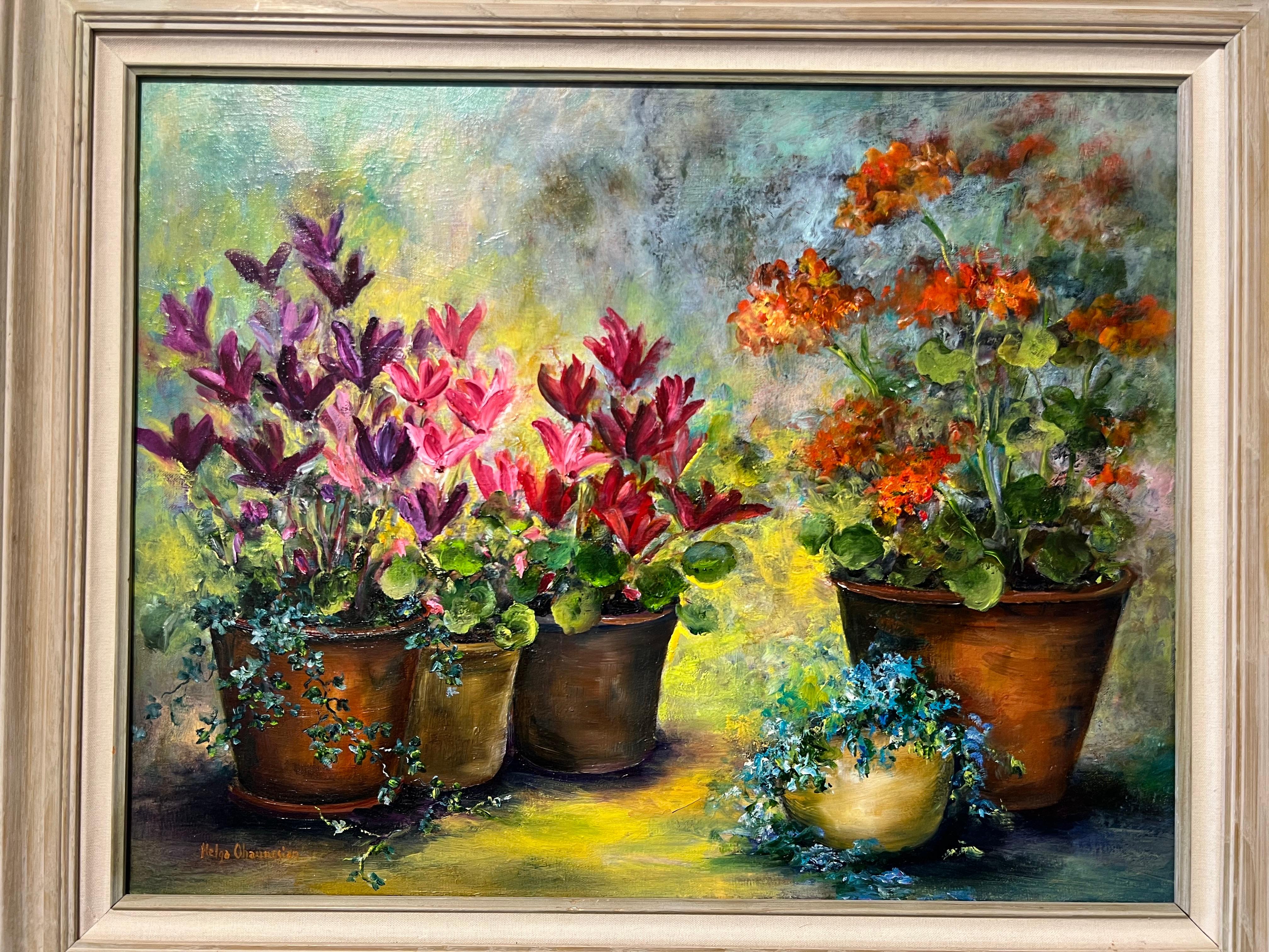 Contempla l'armonia del giardino, i ciclamini e il verde in mostra. - Landscape Painting Marrone di Helga Ohannesian