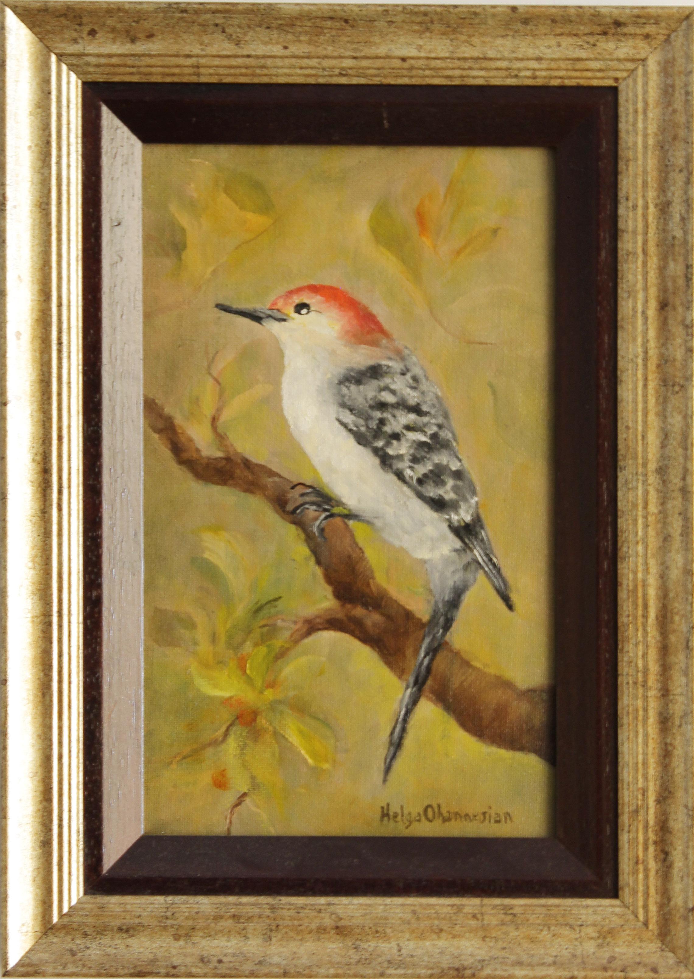 Knock on Wood. The orange bird.  - Painting by Helga Ohannesian