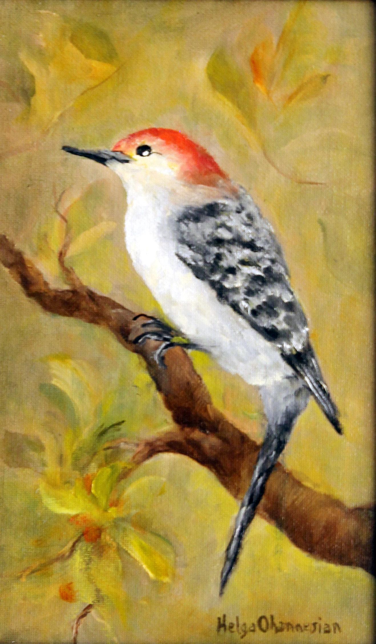 Helga Ohannesian Animal Painting - Knock on Wood. The orange bird. 