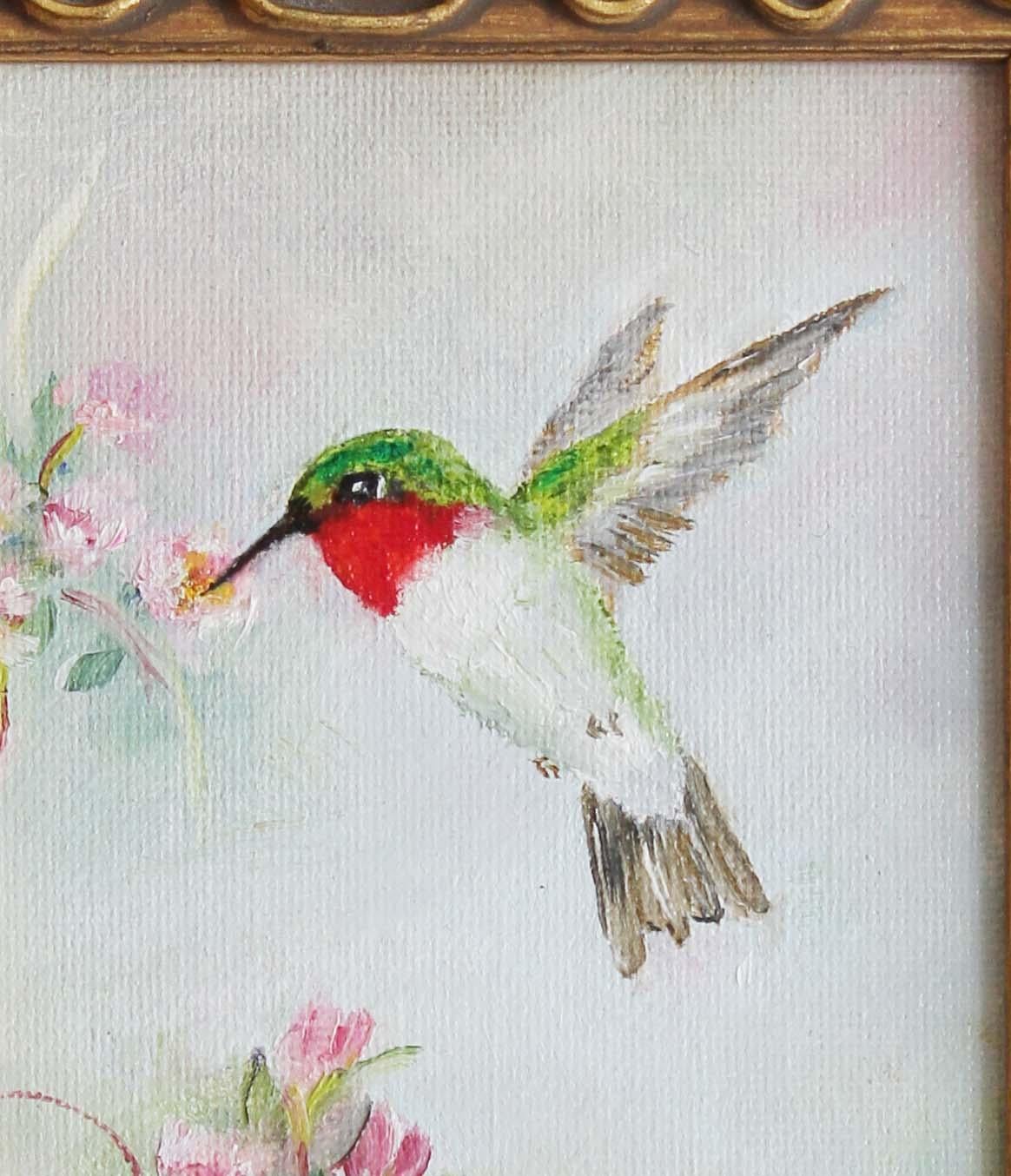 Wings and Vines, Hummingbird. - Gray Animal Painting by Helga Ohannesian