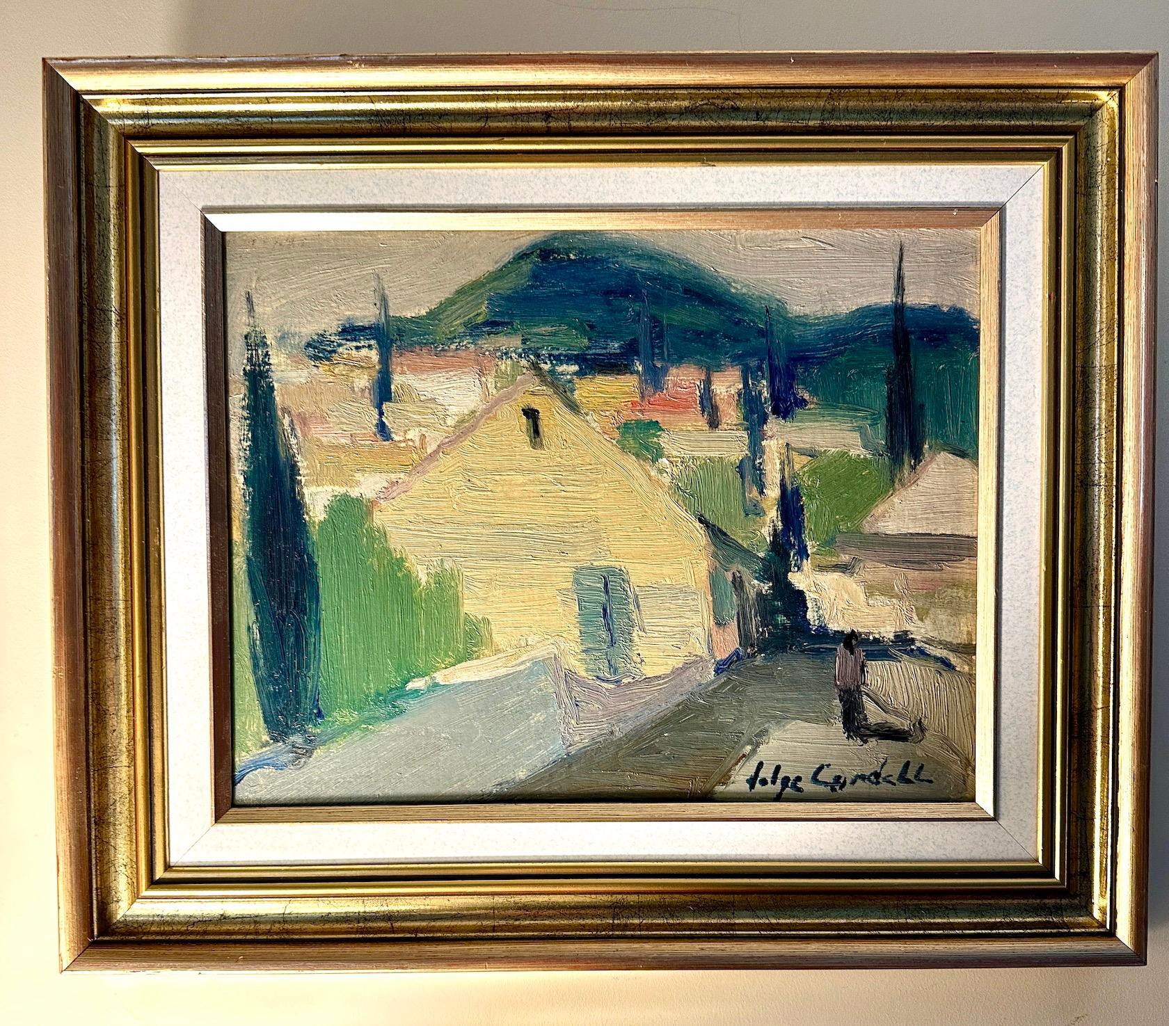 Helge Cardell Landscape Painting – Schwedische impressionistische Landschaft eines Dorfes, Mid-Century Modern