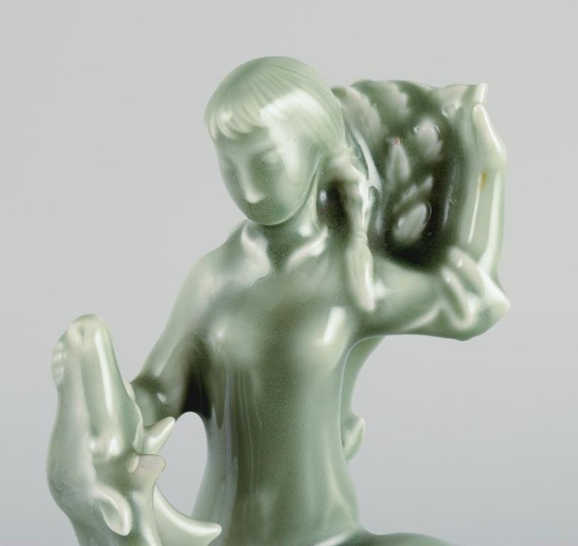 Glazed Helge Christoffersen for Royal Copenhagen, Art Deco Sculpture, Woman with Deer