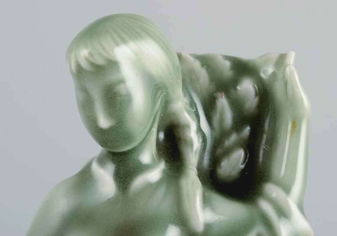 Ceramic Helge Christoffersen for Royal Copenhagen, Art Deco Sculpture, Woman with Deer