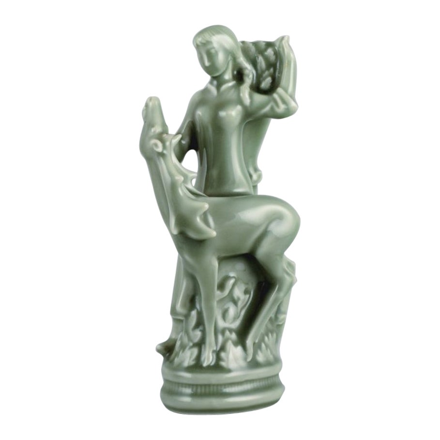 Helge Christoffersen for Royal Copenhagen, Art Deco Sculpture, Woman with Deer