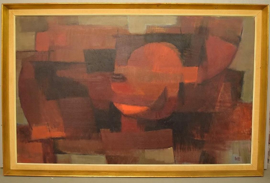 Helge Ernst (1916-1991), listed Danish artist. 
Large painting. Oil on canvas. 
Abstract composition. 1970s.
The canvas measures: 115 x 72 cm.
The frame measures: 5 cm.
In excellent condition.
Signed.