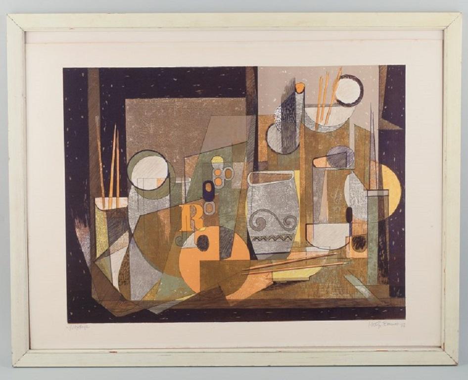 Helge Ernst (1916-1991), a Danish modernist.
Test print on paper. Modernist composition in colors.
Member of the artist association 