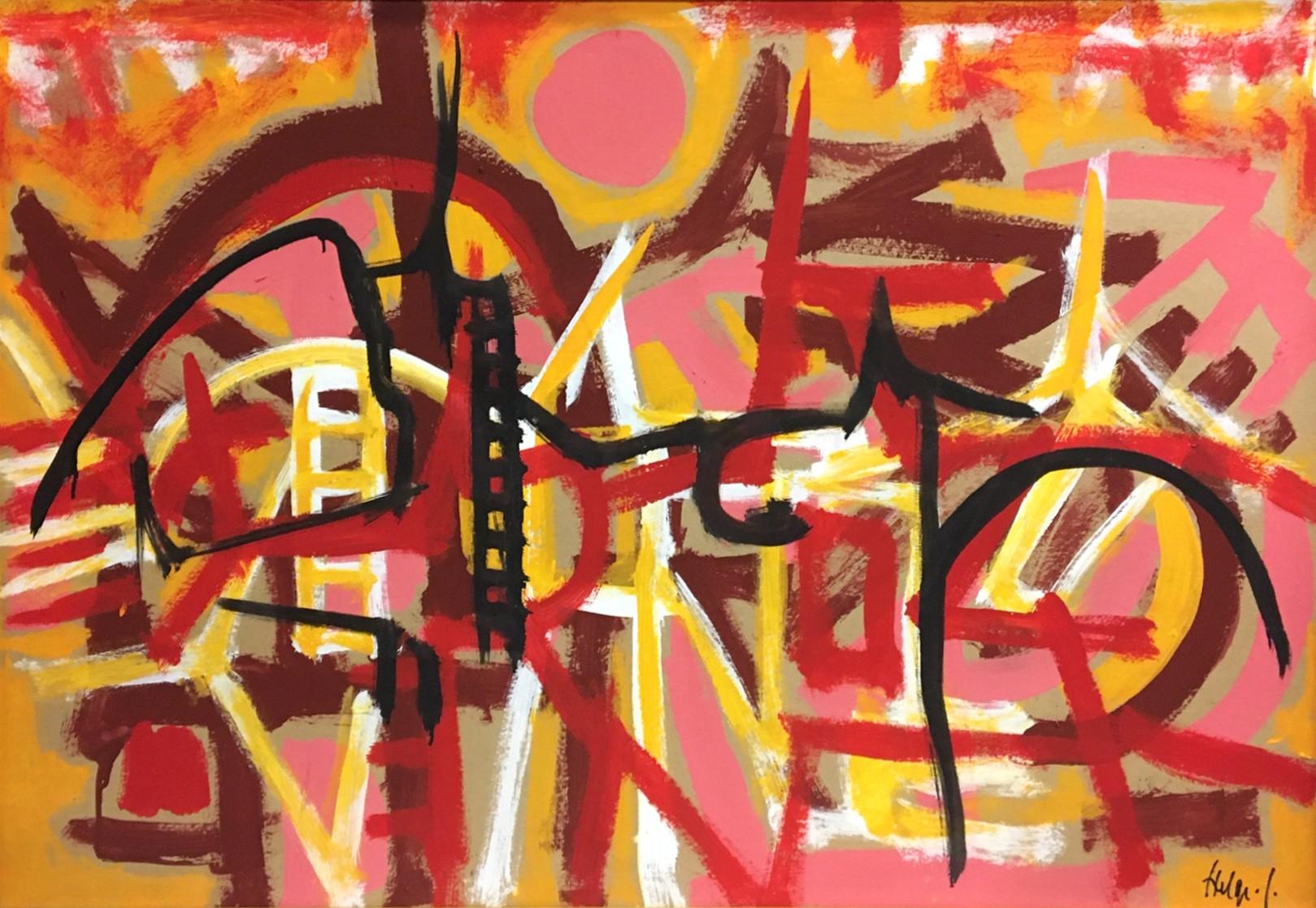 Brighten up your life with this vibrant & large Abstract Expressionist painting by Danish artist Helge Jacobsen in pinks, reds and yellows.
Artwork size:  27 1/2" x 39 1/2".  Framed size:  28" x 40".