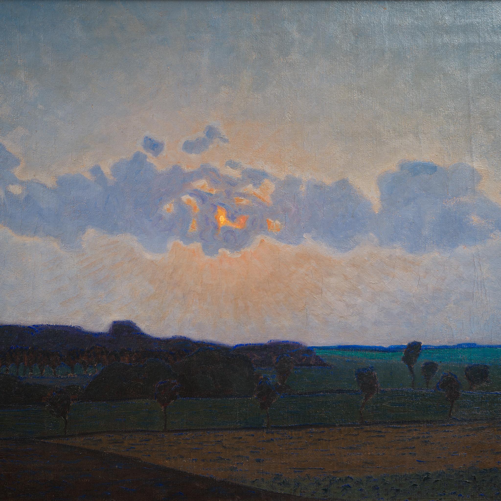 Pittura di paesaggio scandinavo con vista su Romeleåsen - Landscape Painting Grigio di Helge Kemner