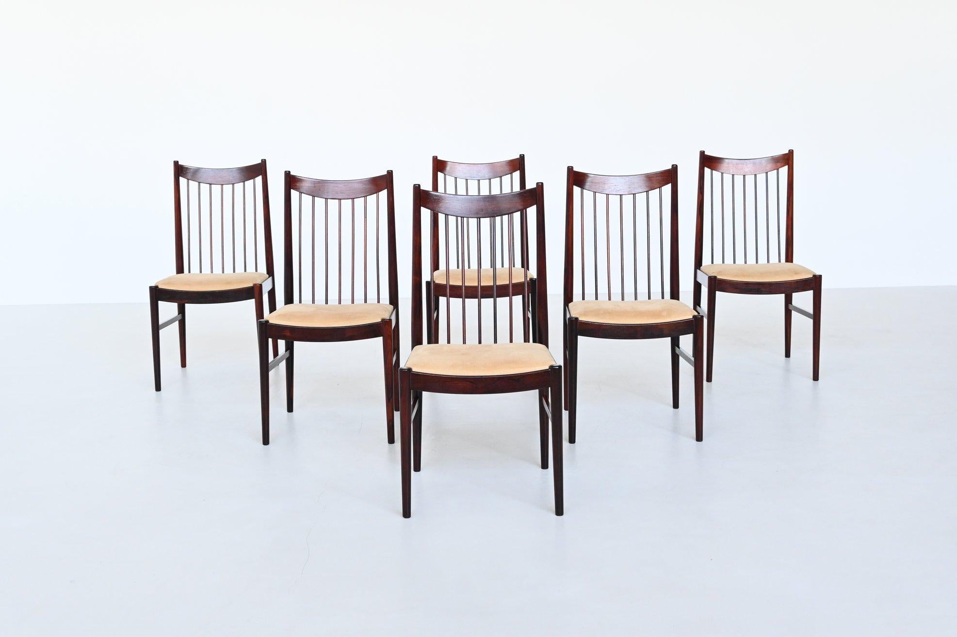 Fabric Helge Sibast model 422 dining chairs in rosewood Denmark 1960 For Sale