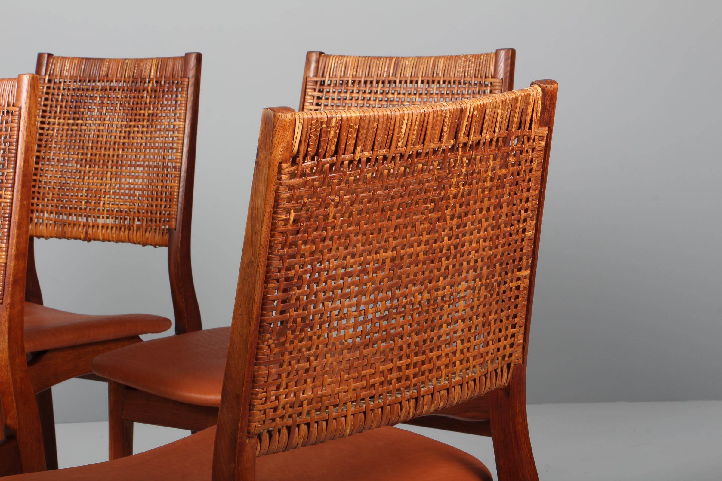 Leather Helge Sibast Six Chairs Oak and Cane, 1960s
