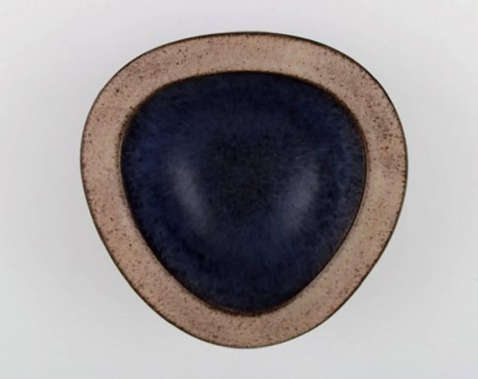 Danish Helge Østerberg Ceramic Bowl in Speckled Glaze, Interior in Dark Blue