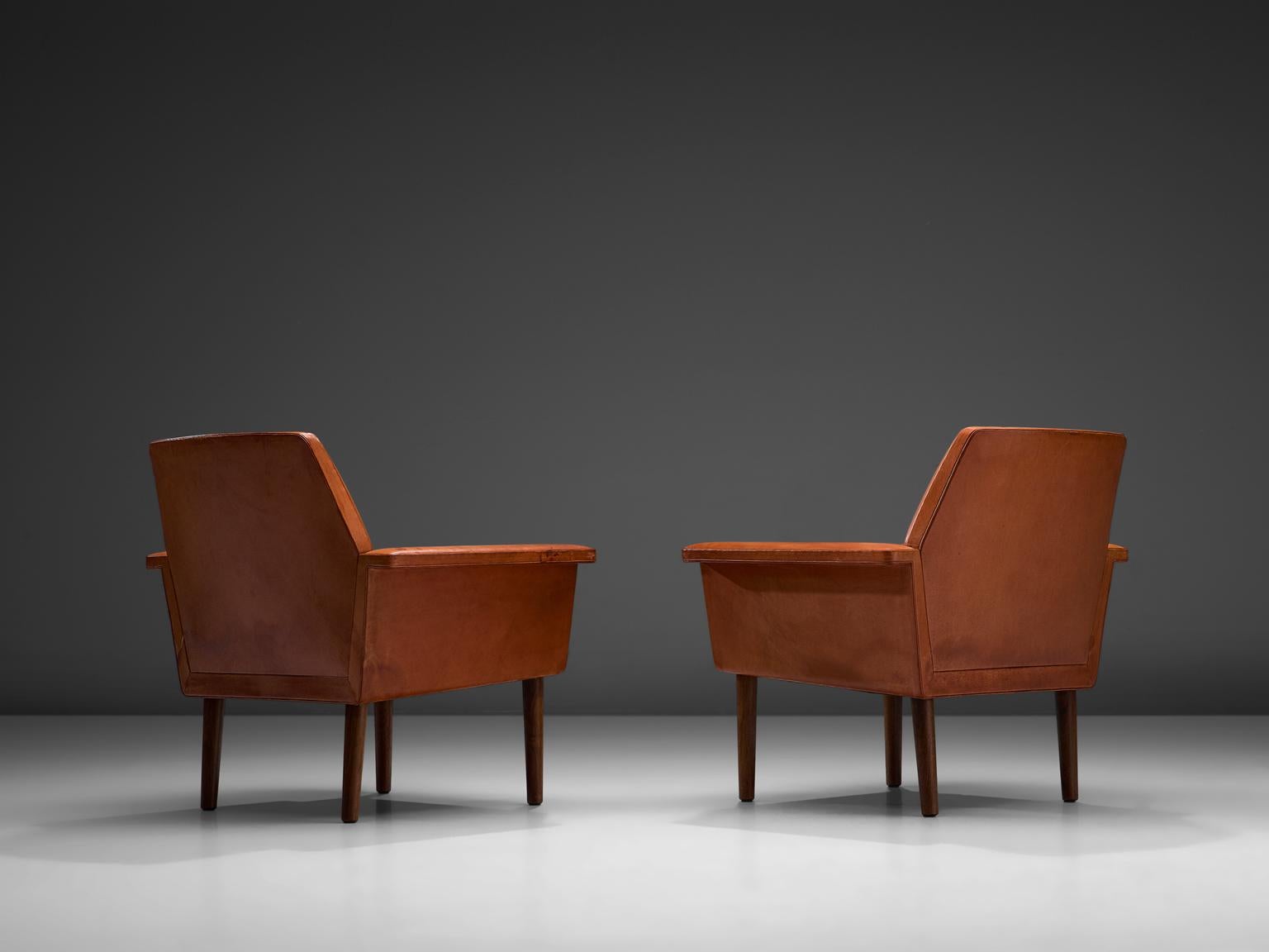 Scandinavian Modern Helge Vestergaard-Jensen Pair of Red Leather Lounge Chairs