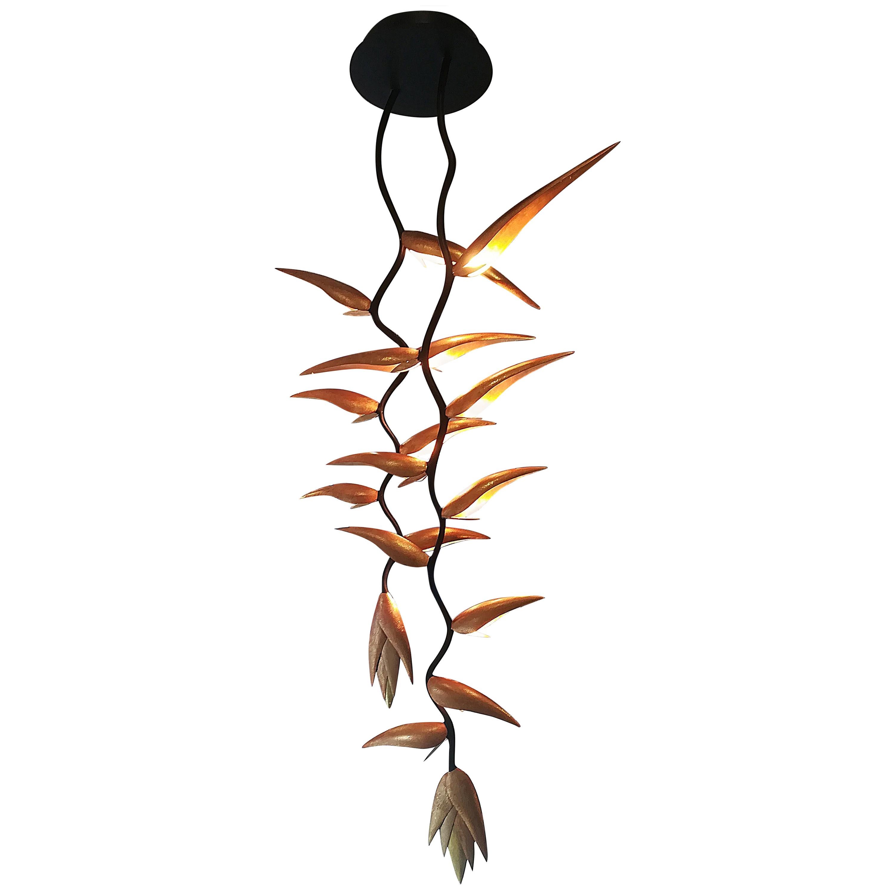 Paradise birds Chandelier, Black and Gold Patinated Metal For Sale