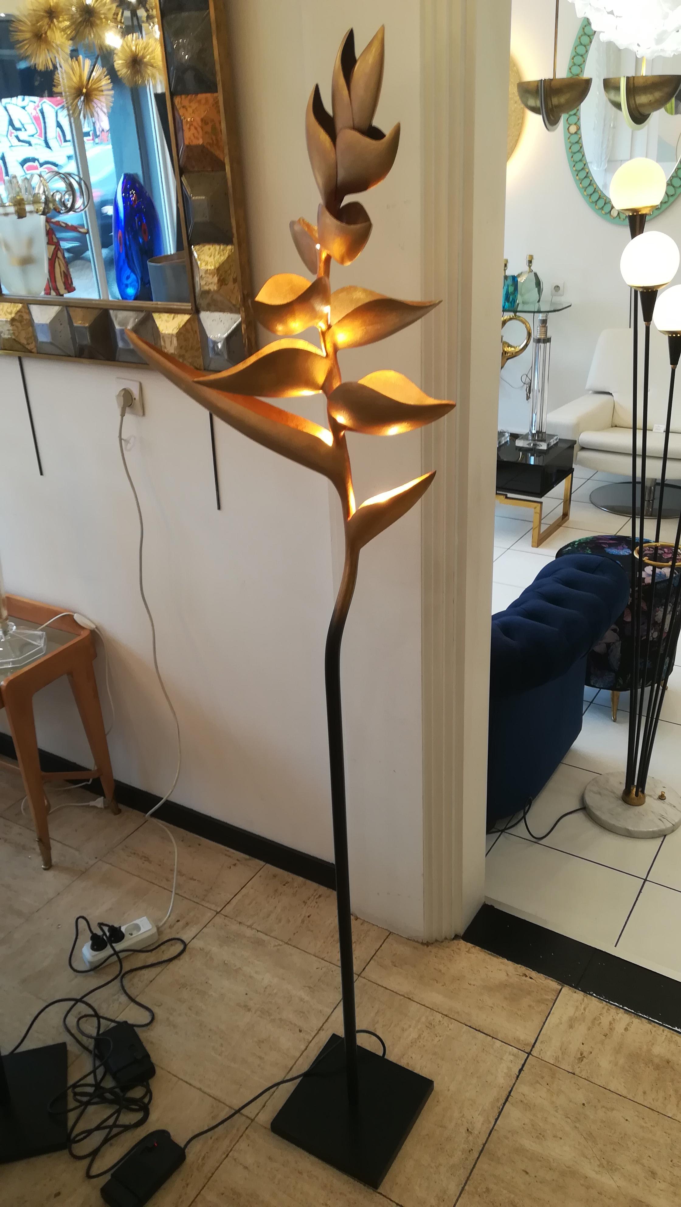 Paradis birds Floor Lamp Black and Gold Patinated Metal For Sale 1