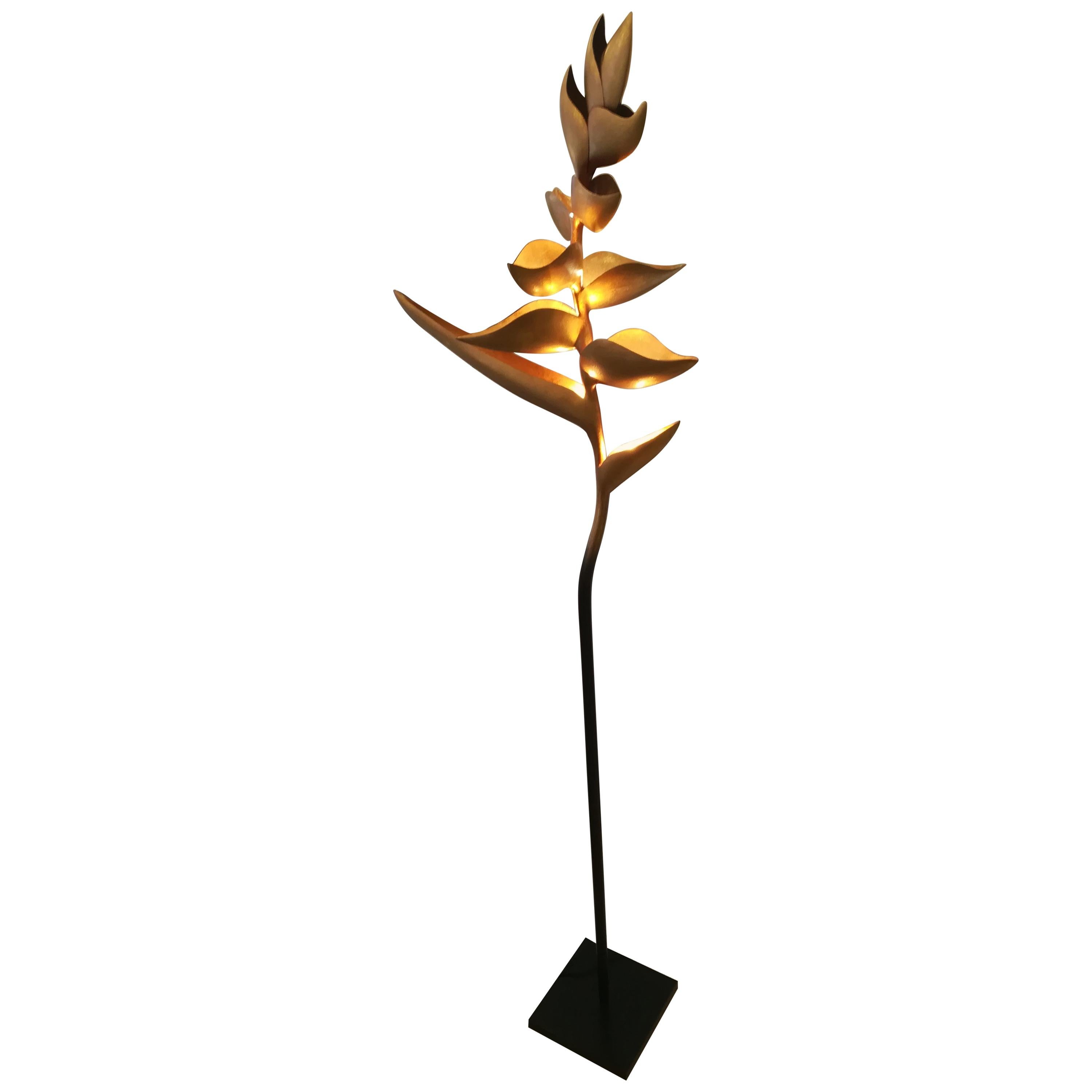 Paradis birds Floor Lamp Black and Gold Patinated Metal For Sale