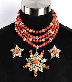 Principessa Helietta Caracciolo Faux Red Coral Choker Necklace and Earrings