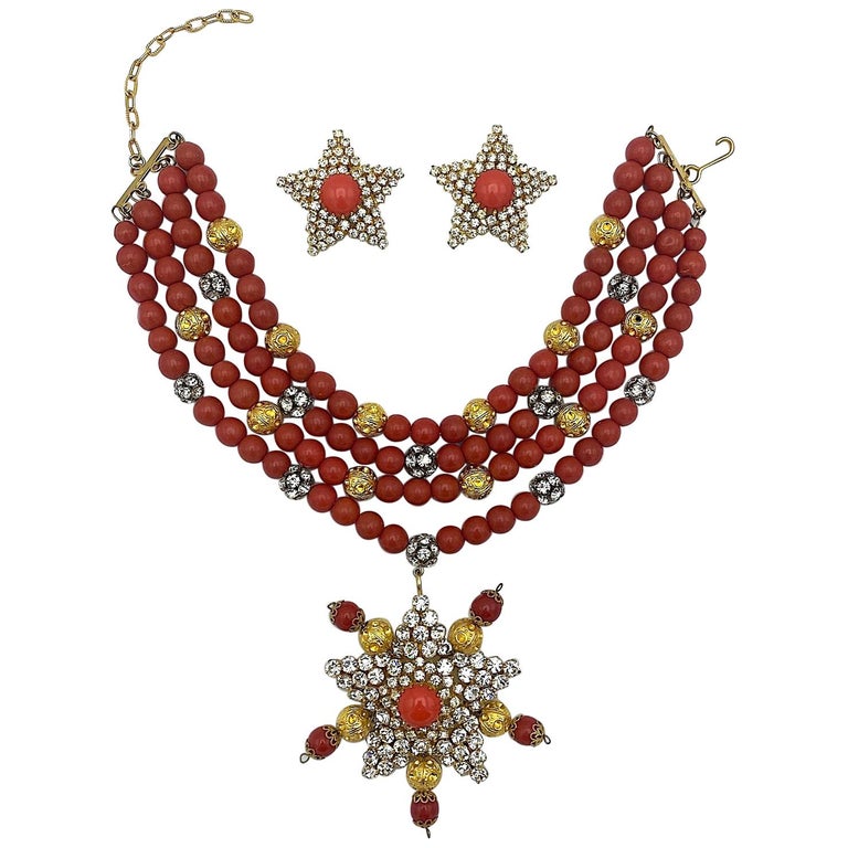 Principessa Helietta Caracciolo Faux Red Coral Choker Necklace and Earrings  at 1stDibs
