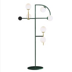 Art-Deco inspired Brass, Black Powder-coated, Wine lacquer Wood Helio Floor Lamp